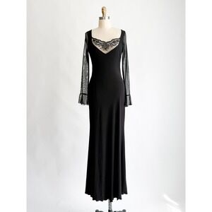 Gothic Whimsigoth Kitty Maxi Dress Size L Black Embroidered Mesh Sleeve Gown